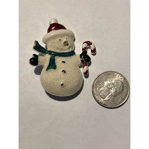 Vintage Brooch Enamel Snowman Candy Cane Pin Signed SFJ - Picture 4 of 6